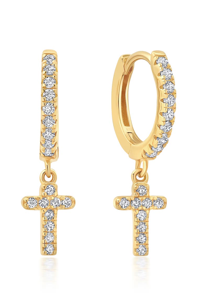 Pavé Cross Huggie Hoop Earrings, Main, color, 18KYG/ CLEAR STONE