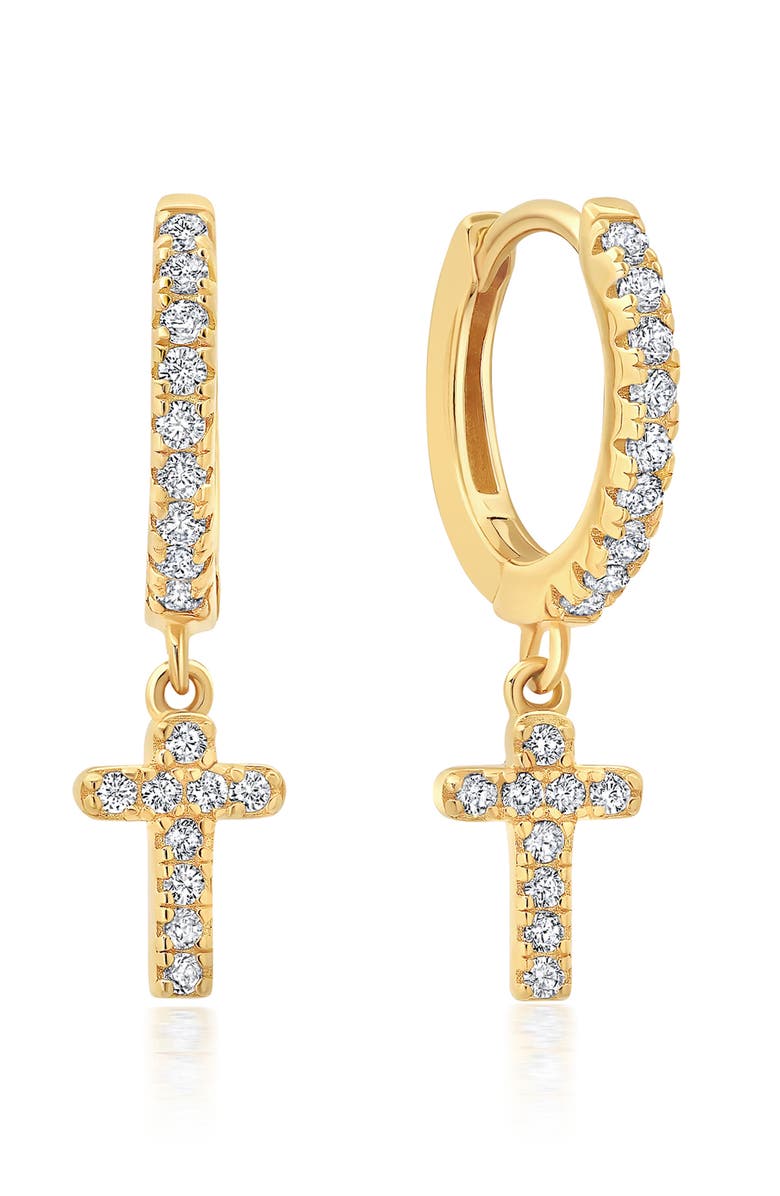 Crislu Pavé Cross Huggie Hoop Earrings, Main, color, 18Kyg/ Clear Stone