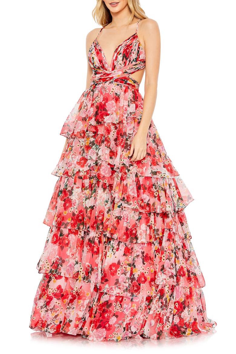 Floral Printed Chiffon Ruffle Tiered Cut Out Ballgown, Main, color, PINK MULTI