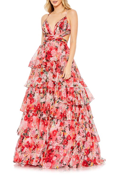 Floral Printed Chiffon Ruffle Tiered Cut Out Ballgown