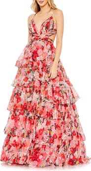Mac Duggal Floral Printed Chiffon Ruffle Tiered Cut Out Ballgown
