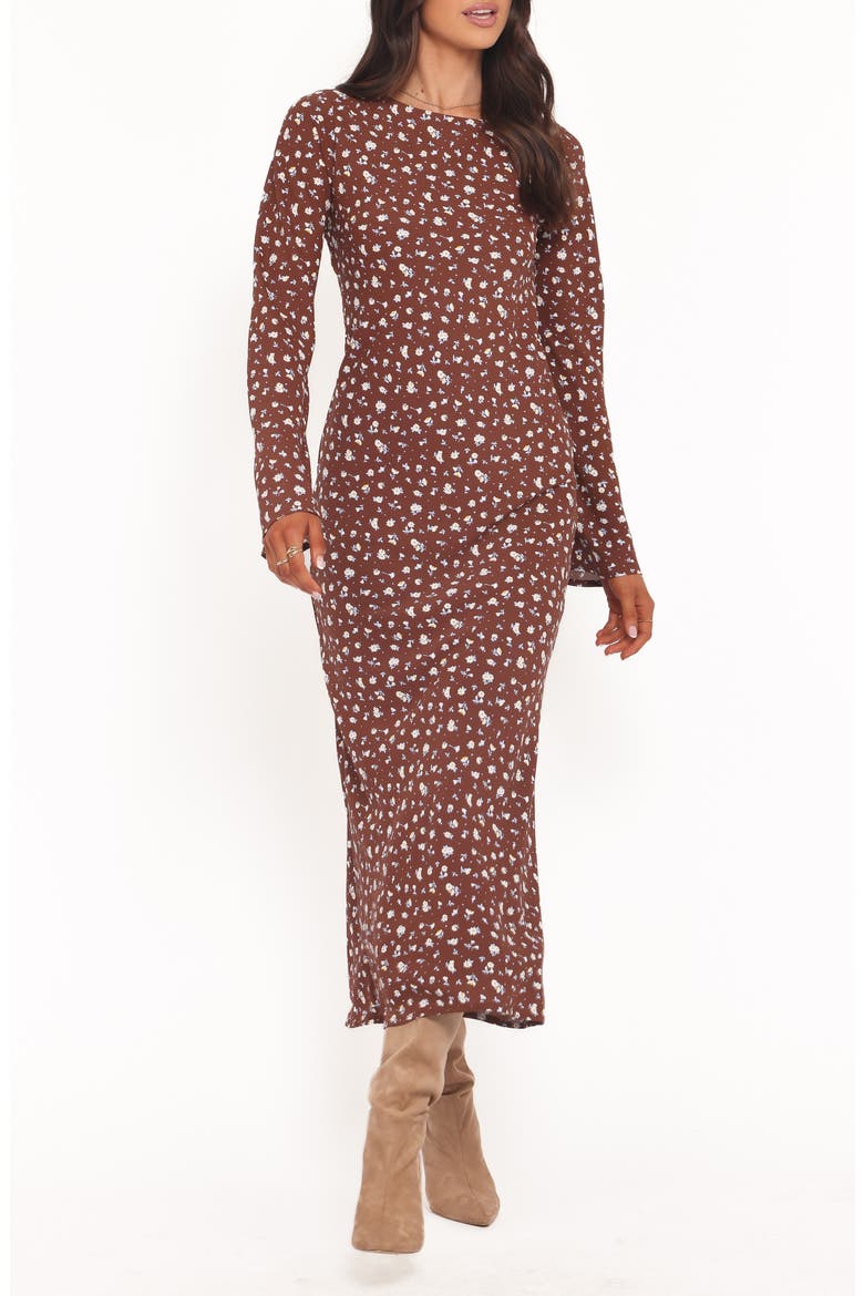 Talitha Open Back Long Sleeve Maxi Dress, Main, color, BROWN FLORAL
