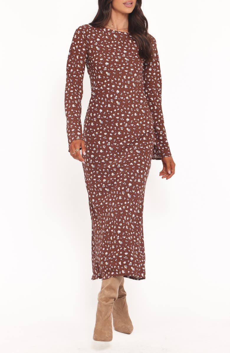 Petal & Pup Talitha Open Back Long Sleeve Maxi Dress, Main, color, Brown Floral