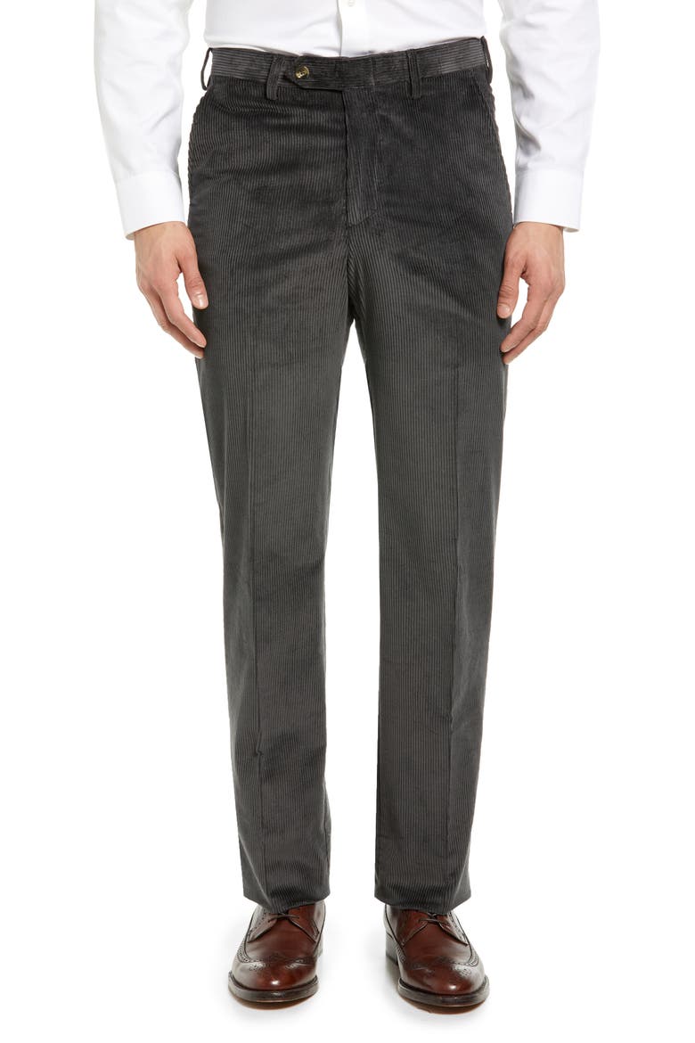 Luxury Italian Corduroy Flat Front Pants, Main, color, CHARCOAL