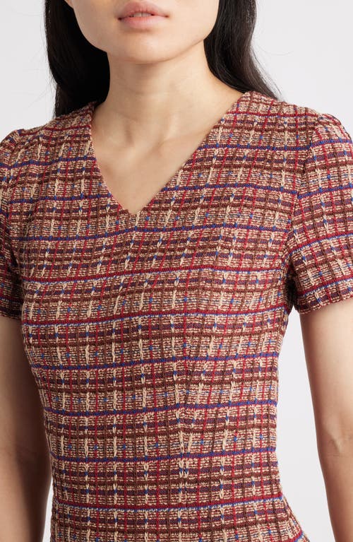 Misook A-line Plaid Multi-stitch Knit Midi Dress In Brown