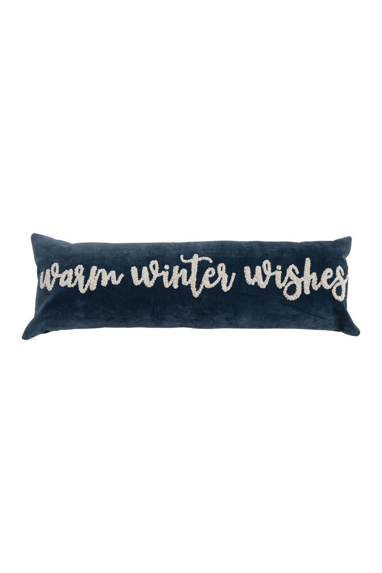 Woven Cotton Velvet Lumbar Pillow with Embroidered "Warm Winter Wishes", Navy and Cream, Main, color, Navy