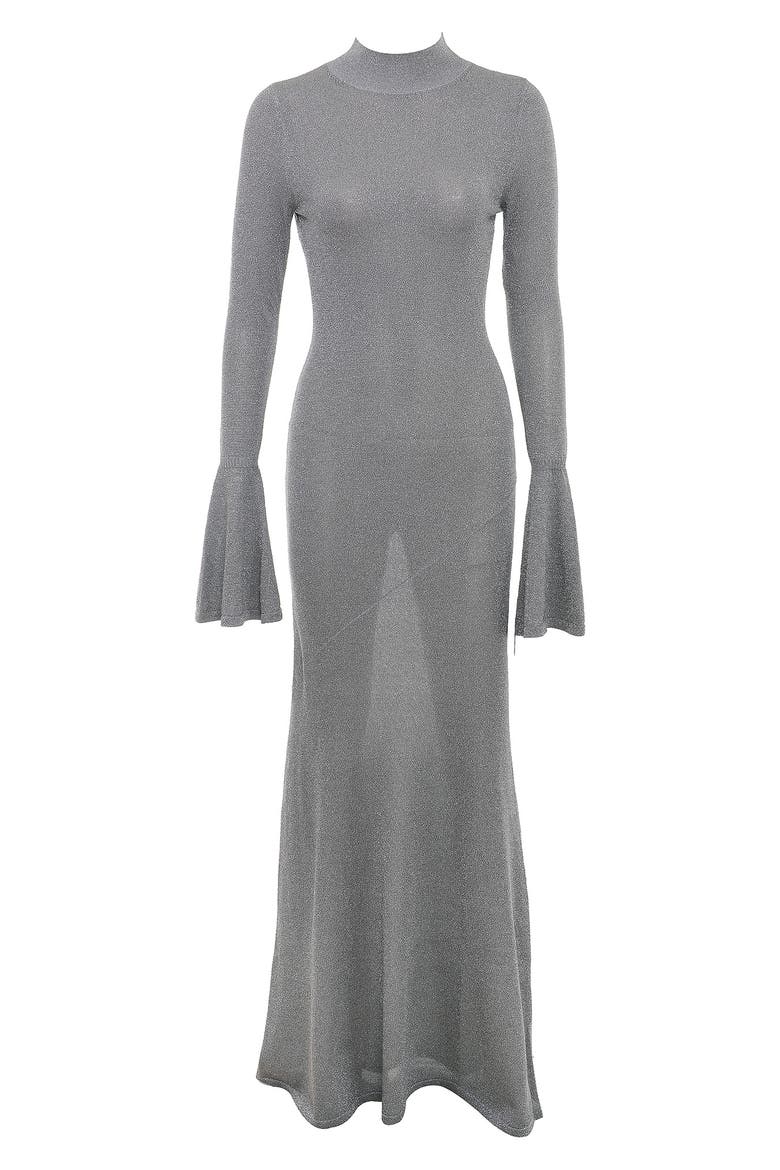 Sancha Open Back Long Sleeve Semisheer Body-Con Maxi Dress, Alternate, color, GREY