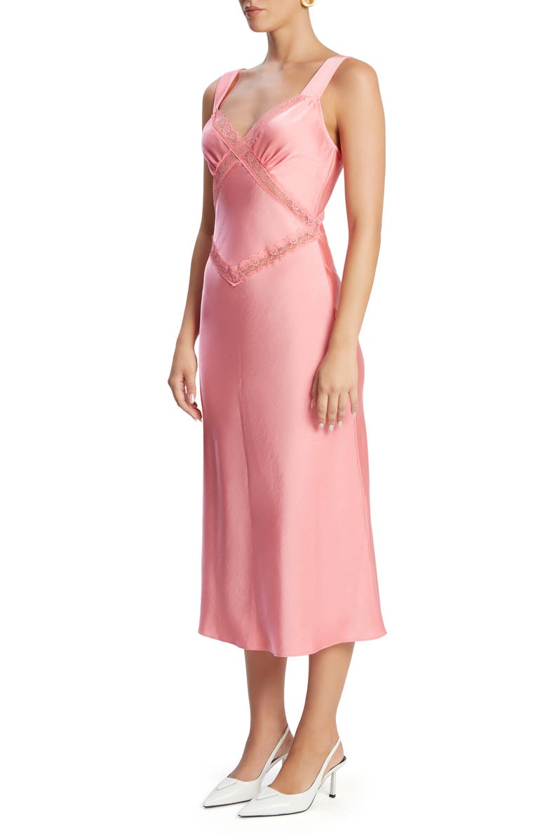 Bardot Emory Lace Trim Cutout Satin Midi Slipdress, Alternate, color, Pink