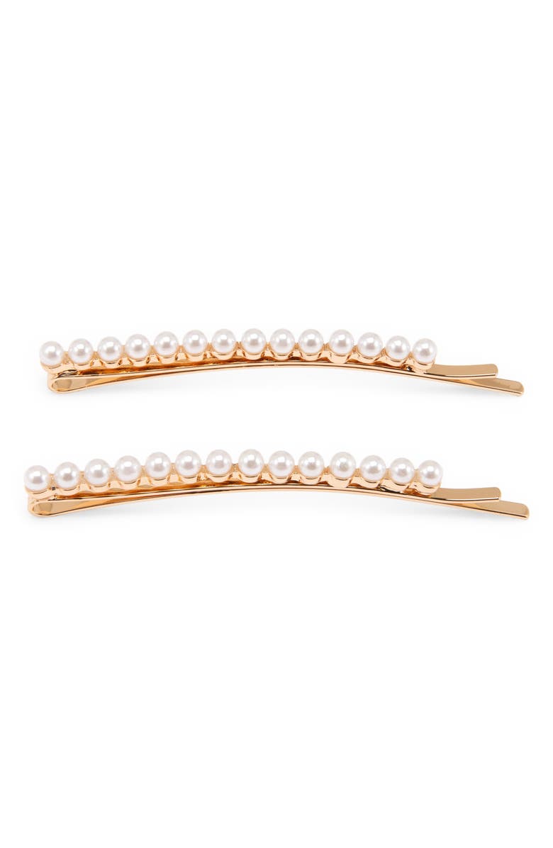 Ettika Single Line Set of 2 Faux Pearl Hair Pins, Main, color, Gold