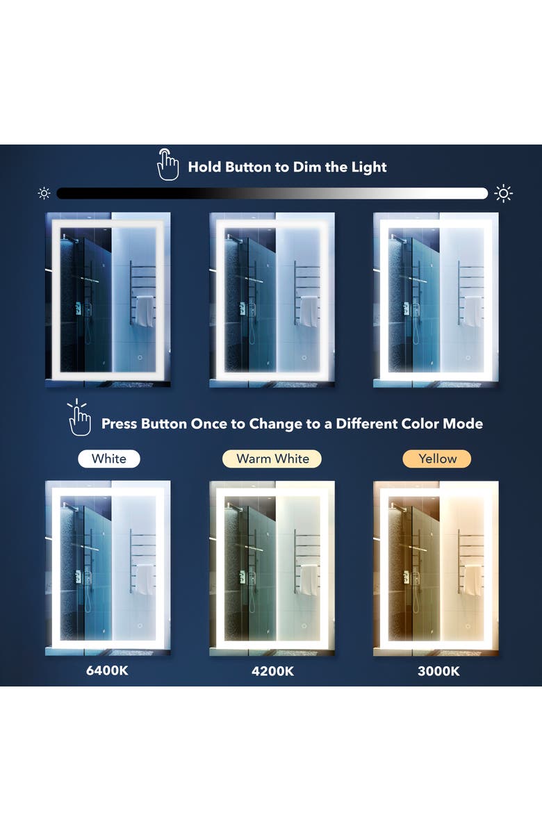 JONATHAN Y Remy Rectangular Frameless Antifog Front-Lit Wall Bathroom Vanity Mirror with Smart Touch, Alternate, color, 