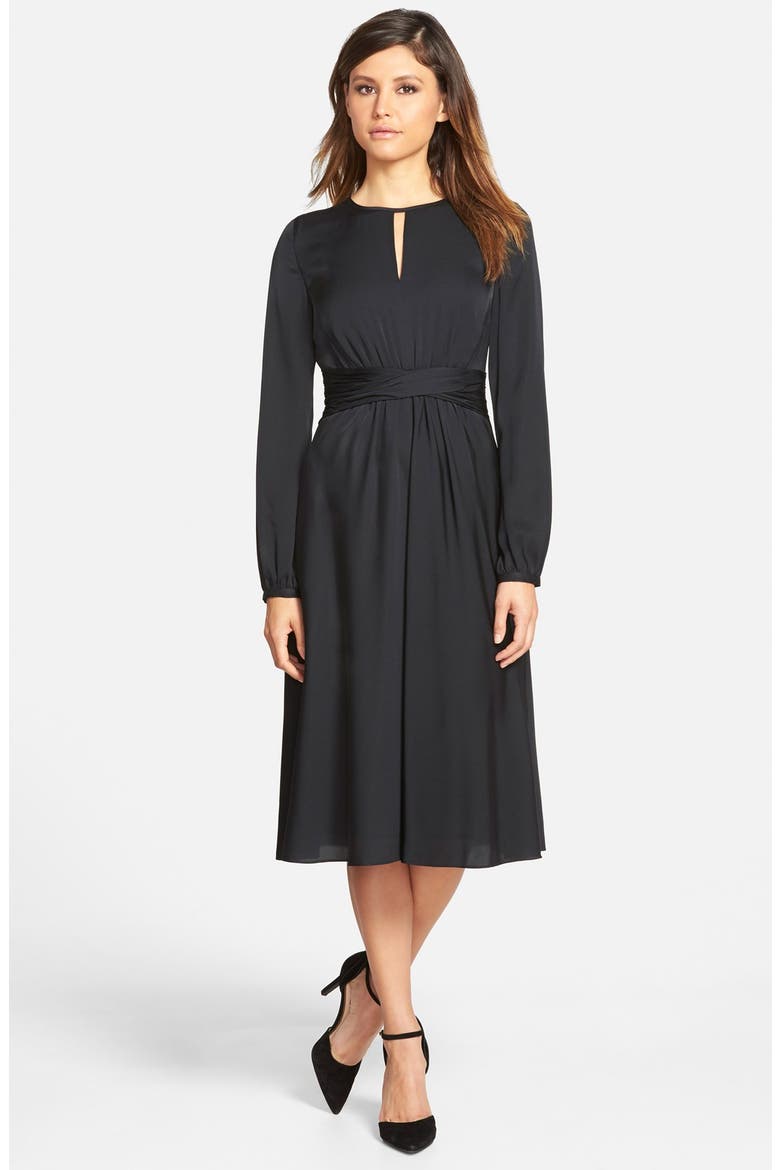 Keyhole Neck Ruched Waist Dress, Main, color, BLACK
