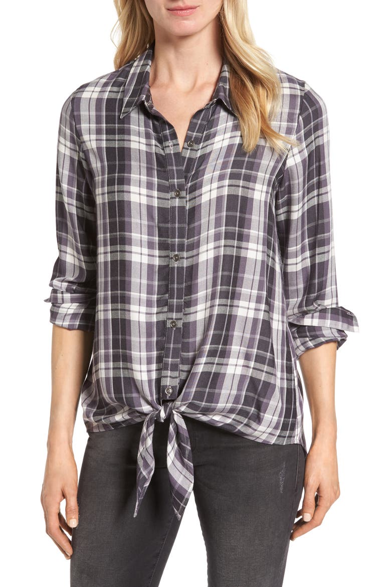 Tie Front Plaid Shirt, Main, color, GREY/ BLACK PLAID