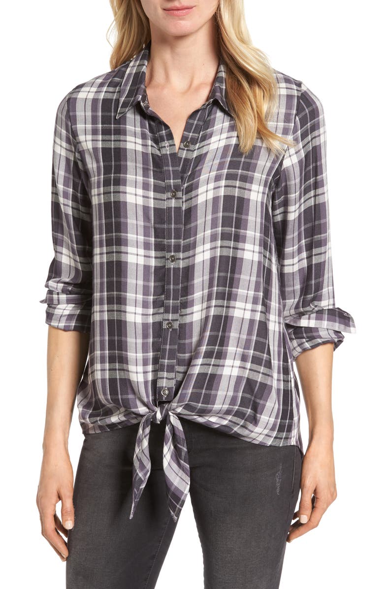 Bobeau Tie Front Plaid Shirt, Main, color,