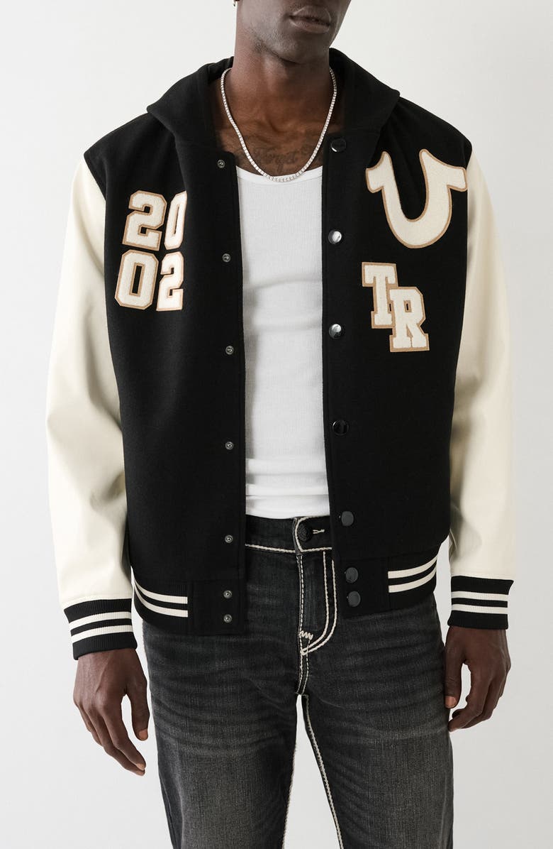 True Religion Brand Jeans Hooded Varsity Jacket, Main, color,
