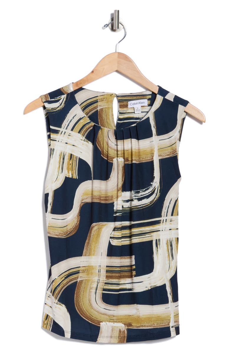 Calvin Klein Pleated Neck Sleeveless Top, Alternate, color, Navy Multi