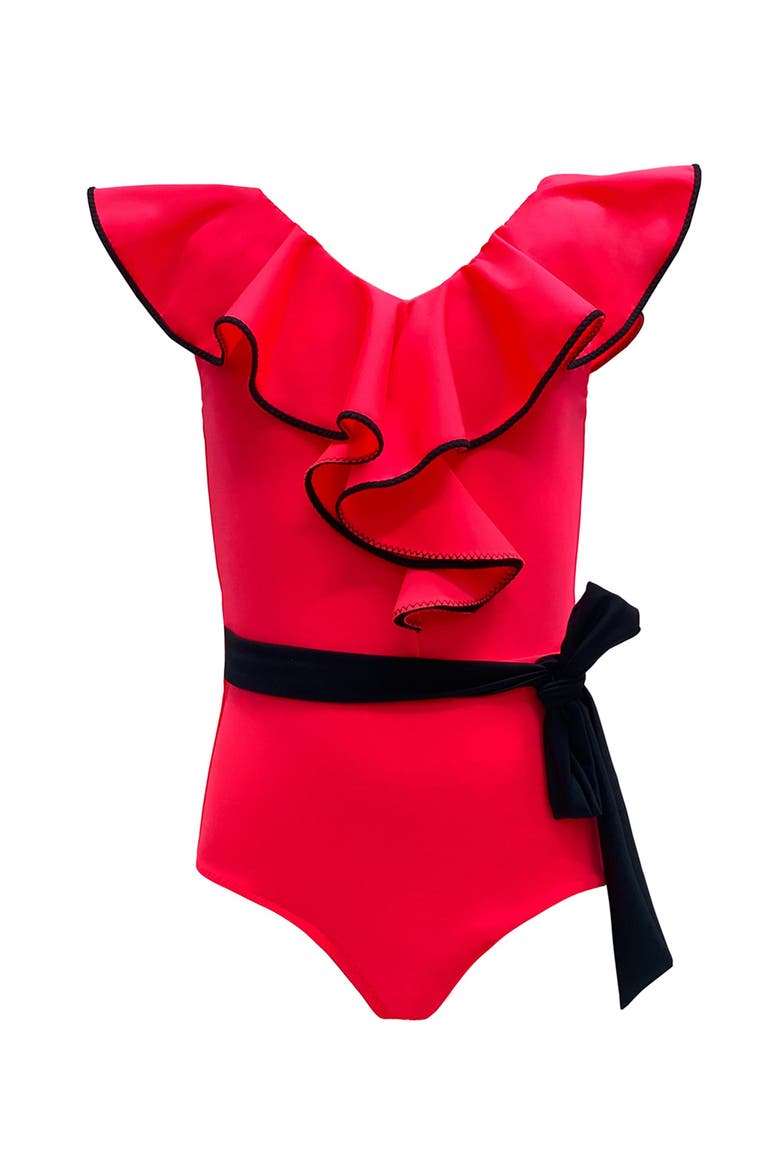 Ruffled V-Neck Belted One-Piece Swimsuit, Main, color, Red