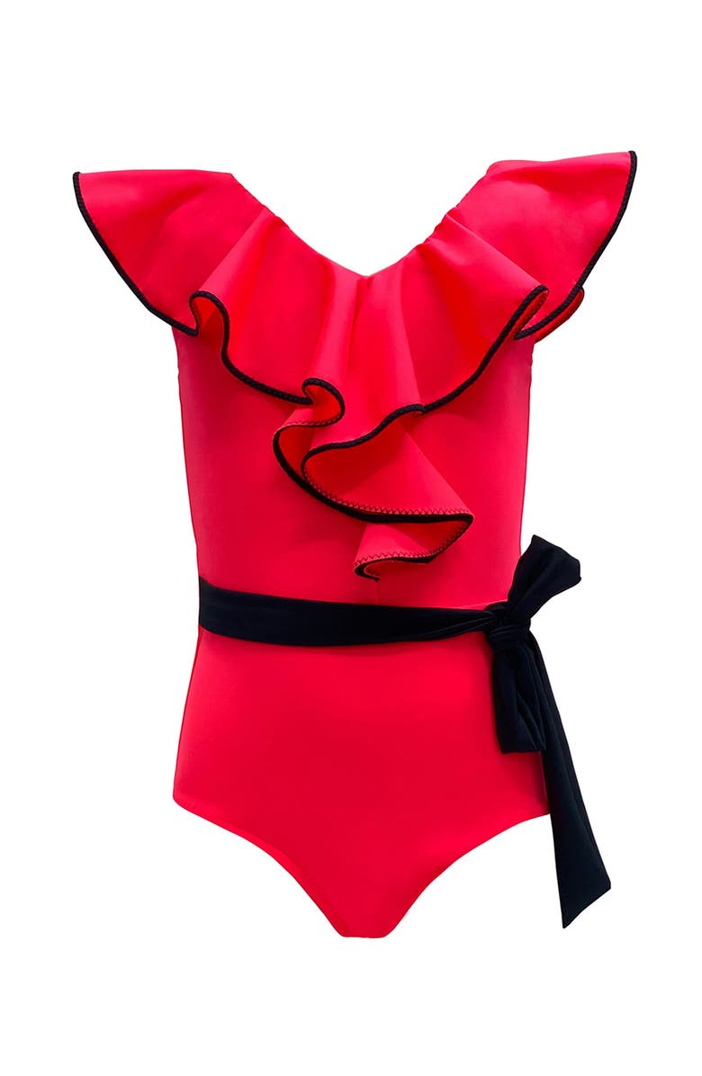 NESSI BYRD Ruffled V-Neck Belted One-Piece Swimsuit, Main, color, Red