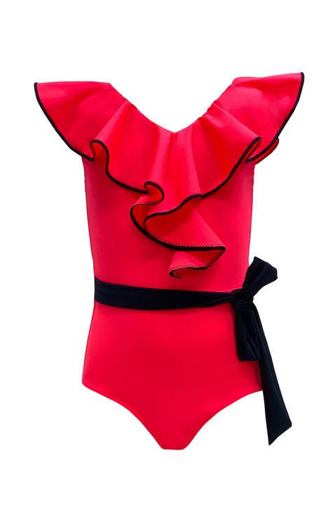 Ruffled V-Neck Belted One-Piece Swimsuit