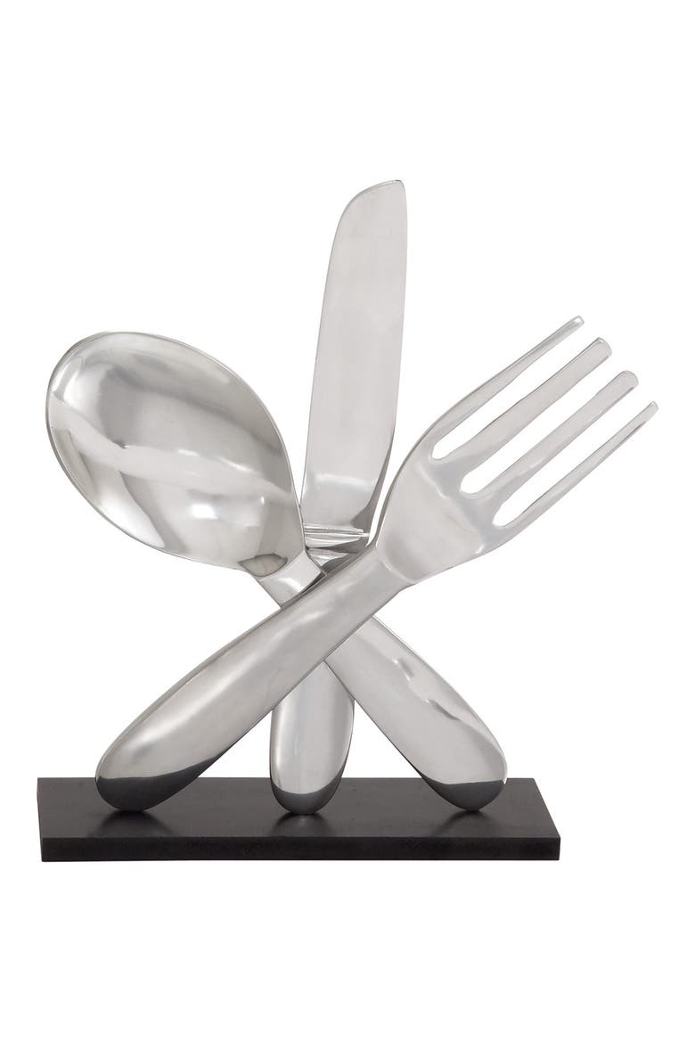 Silvertone Aluminum Utensils Sculpture with Black Base, Main, color, SILVER