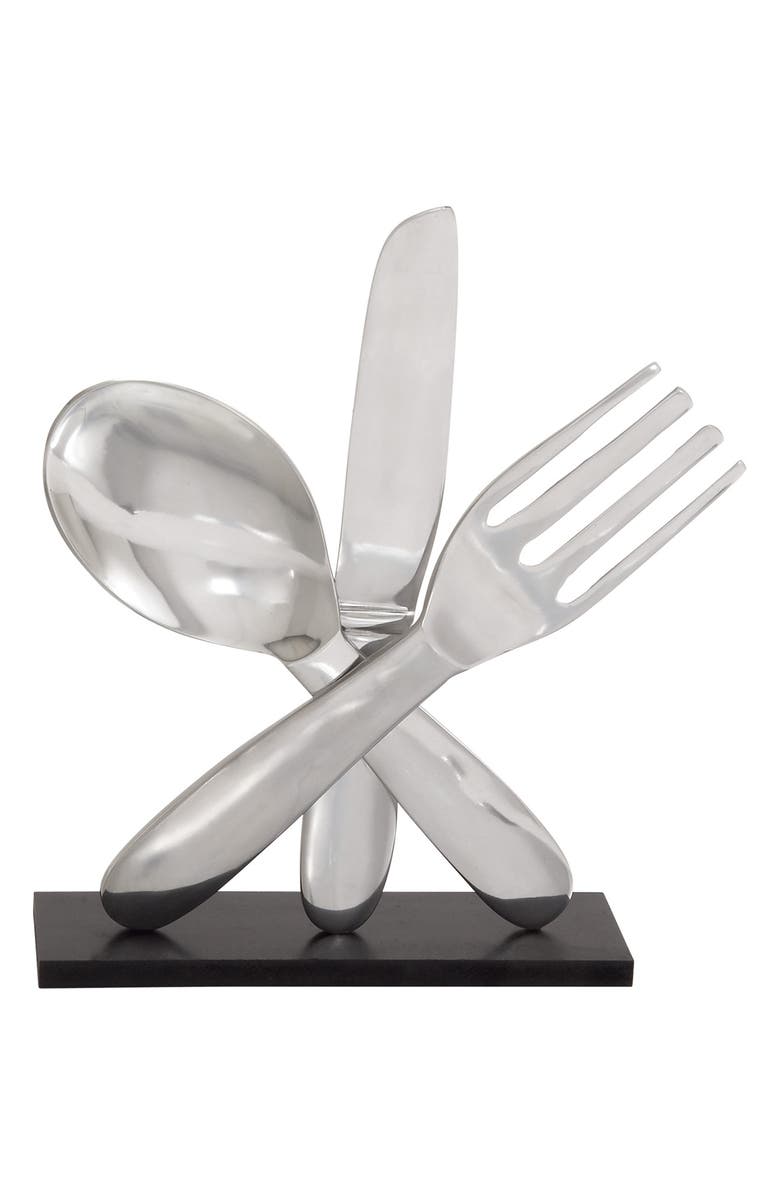 WILLOW ROW Silvertone Aluminum Utensils Sculpture with Black Base, Main, color, 