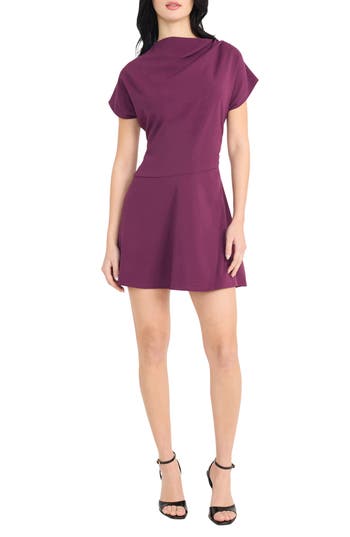 Donna Morgan For Maggy Cowl Neck Short Sleeve Fit & Flare Minidress In Burgundy