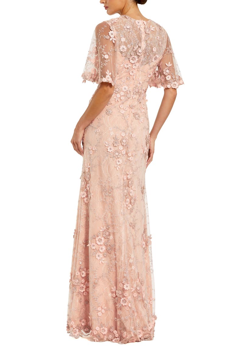 Petite Flutter Sleeve Floral Embroidered Net Gown, Alternate, color, Rose