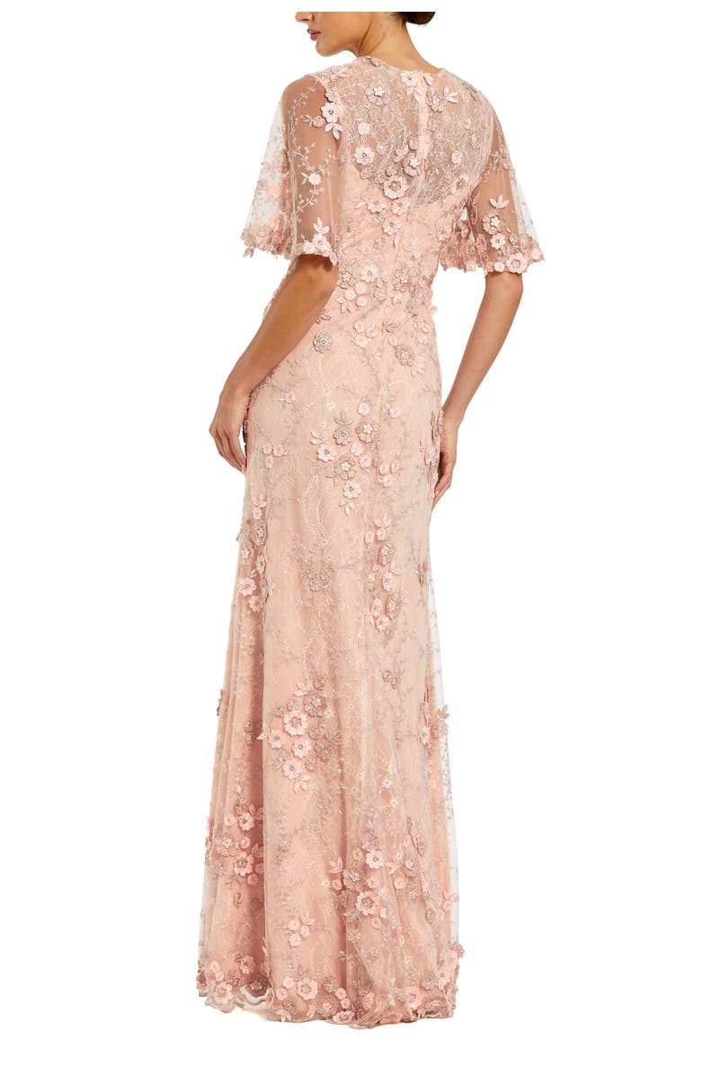 Mac Duggal Petite Flutter Sleeve Floral Embroidered Net Gown, Alternate, color, Rose