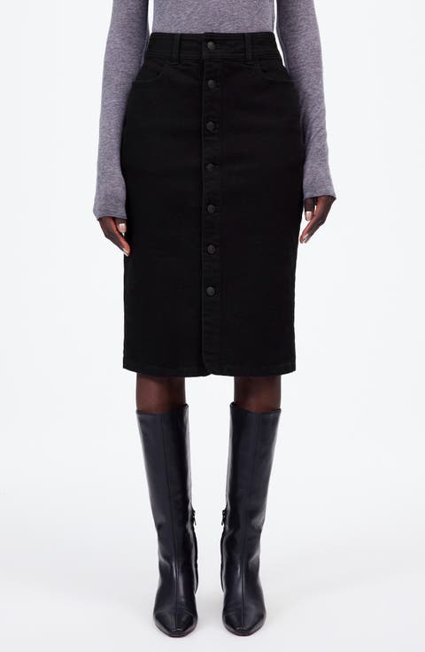 Button Front Denim Midi Skirt