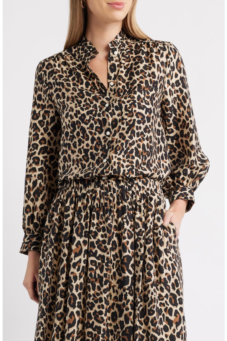 Ruffle Button-Up Shirt, Main, color, TAN- BLACK SARAH LEOPARD