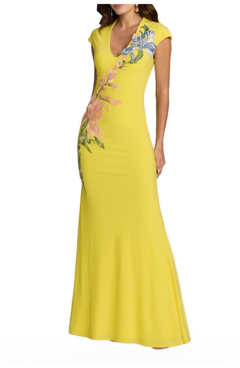 Mac Duggal Cap Sleeve Scoop Neck Jersey Floral Detail Gown, Main, color, Yellow Multi