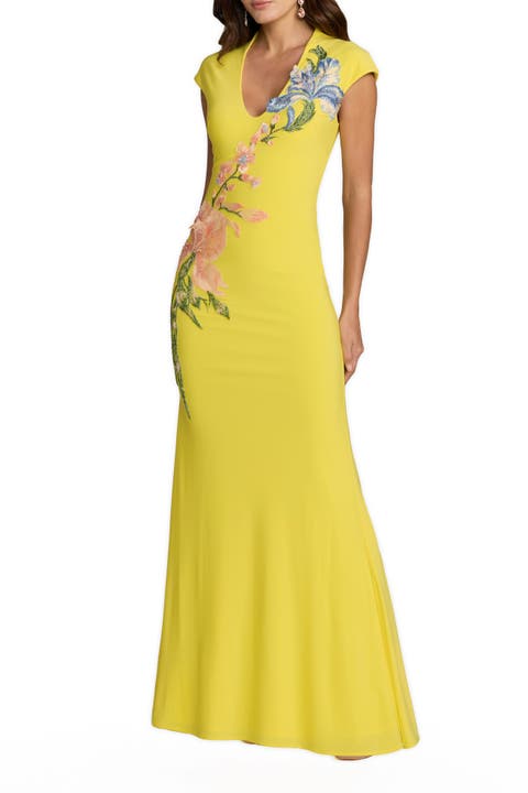 Cap Sleeve Scoop Neck Jersey Floral Detail Gown