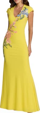 Mac Duggal Cap Sleeve Scoop Neck Jersey Floral Detail Gown
