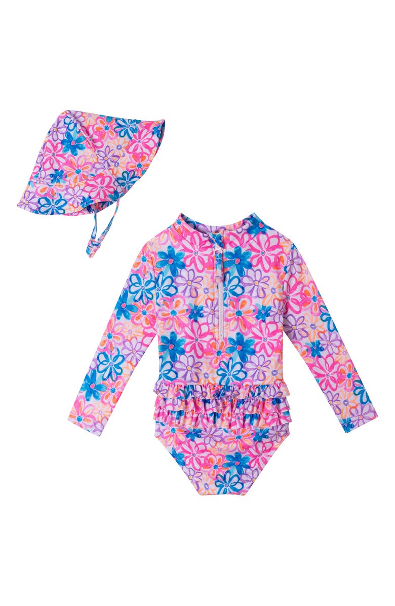 Andy & Evan Print Long Sleeve One-Piece Rashguard Swimsuit & Sun Hat Set, Alternate, color, Blue