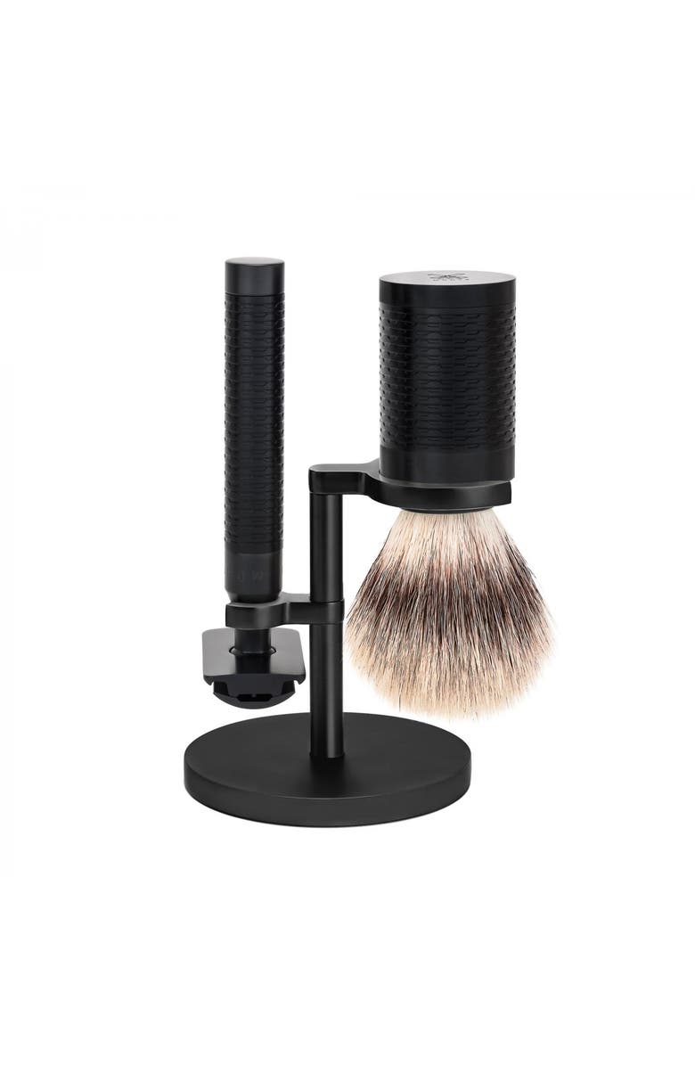 MÜHLE Rocca Black Stainless Steel 3-Piece Silvertip Fiber & Safety Razor Shaving Set, Main, color, Black