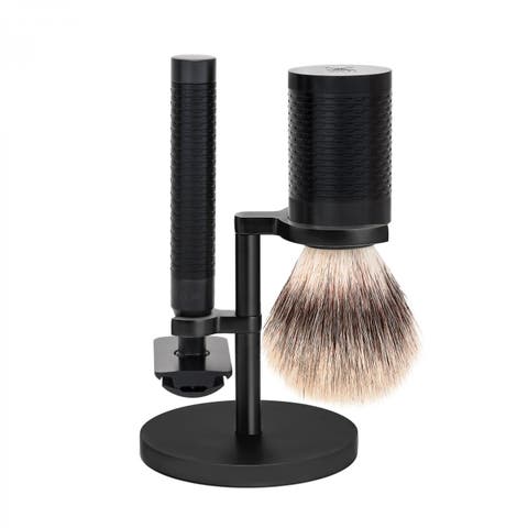 Rocca Black Stainless Steel 3-Piece Silvertip Fiber & Safety Razor Shaving Set