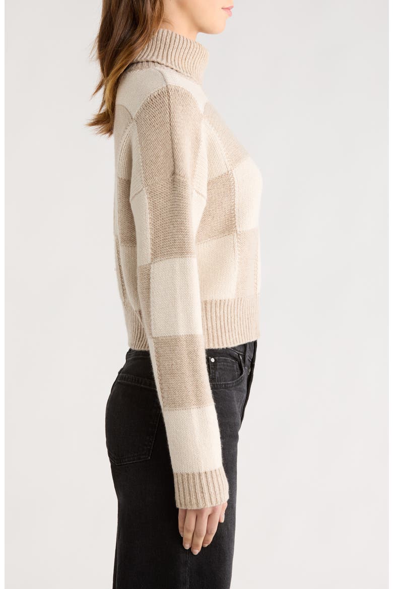 Thea Check Crop Turtleneck Sweater, Alternate, color, PALE OAK WHITE/ BROWN