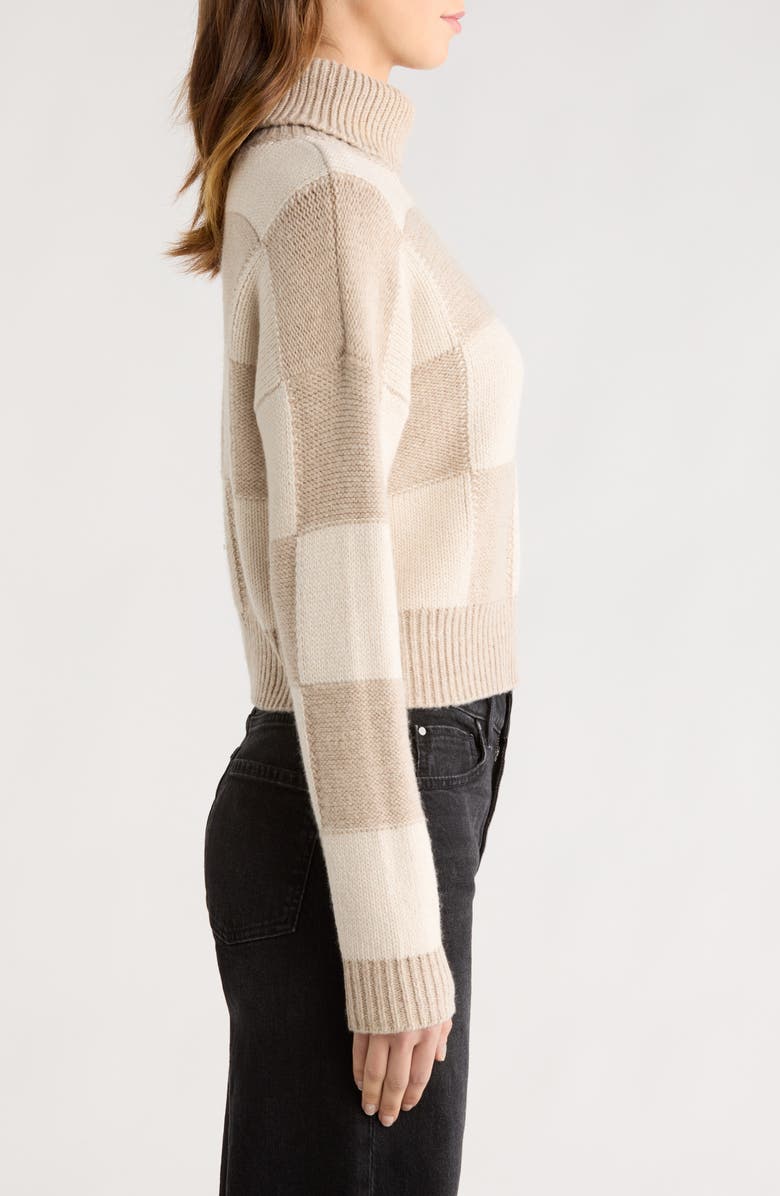 Splendid Thea Check Crop Turtleneck Sweater, Alternate, color, Pale Oak White/ Brown