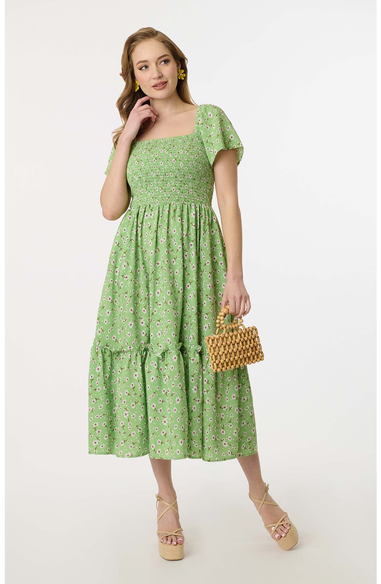 Unique Vintage Smocked Bodice Midi Dress, Main, color, Green White Floral