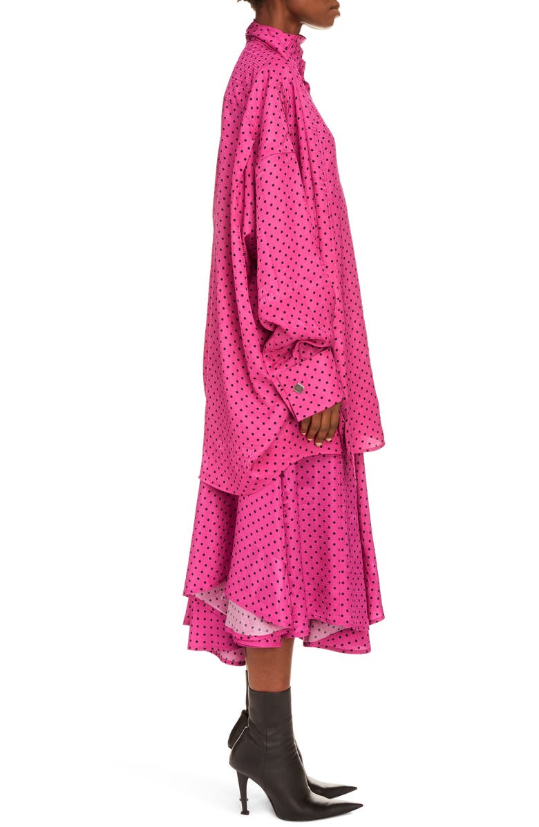 Balenciaga Polka Dot Print Newspaper Jacquard Tie Neck Tuxedo Blouse, Alternate, color, 