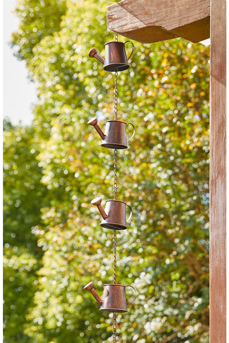 8.5ft 11-Piece Faux Copper Watering Pot Rain Chain with V-Shaped Gutter Clip, Alternate, color, Brown