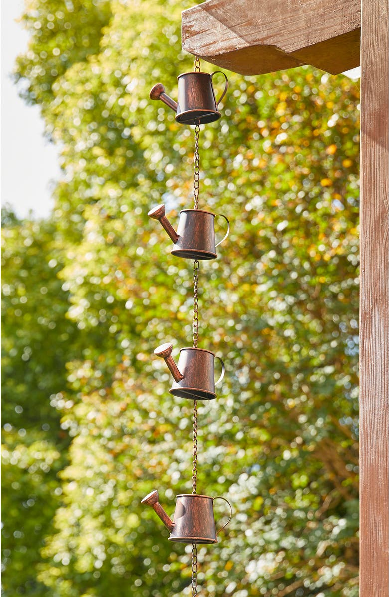 Glitzhome 8.5ft 11-Piece Faux Copper Watering Pot Rain Chain with V-Shaped Gutter Clip, Alternate, color, Brown