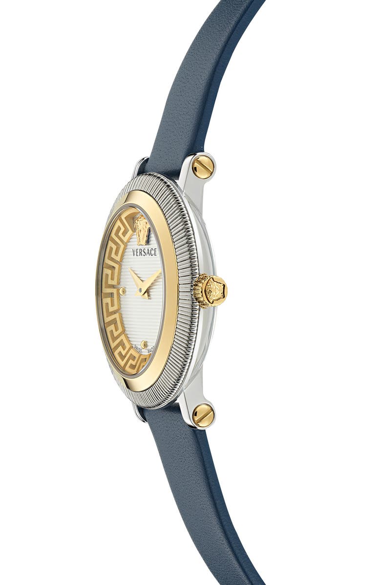 Versace Greca Flourish Two-Hand Quartz Leather Strap Watch, 35mm, Alternate, color, 