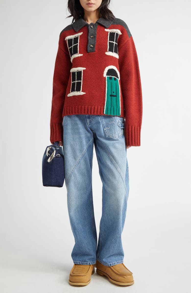 JW Anderson House Intarsia Wool Polo Sweater, Alternate, color, 