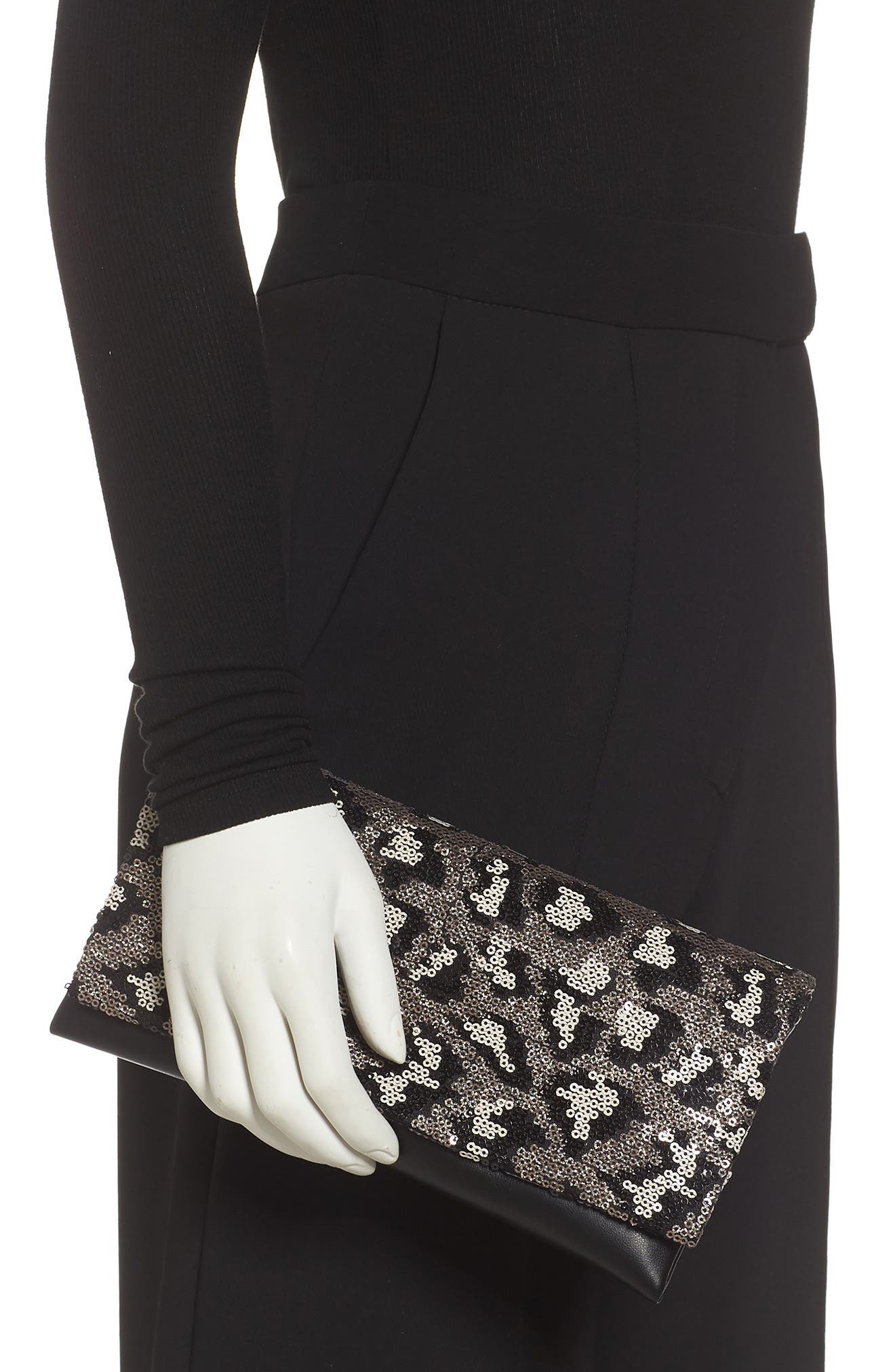 Nordstrom Leopard Sequin & Faux Leather Clutch, Alternate, color, 