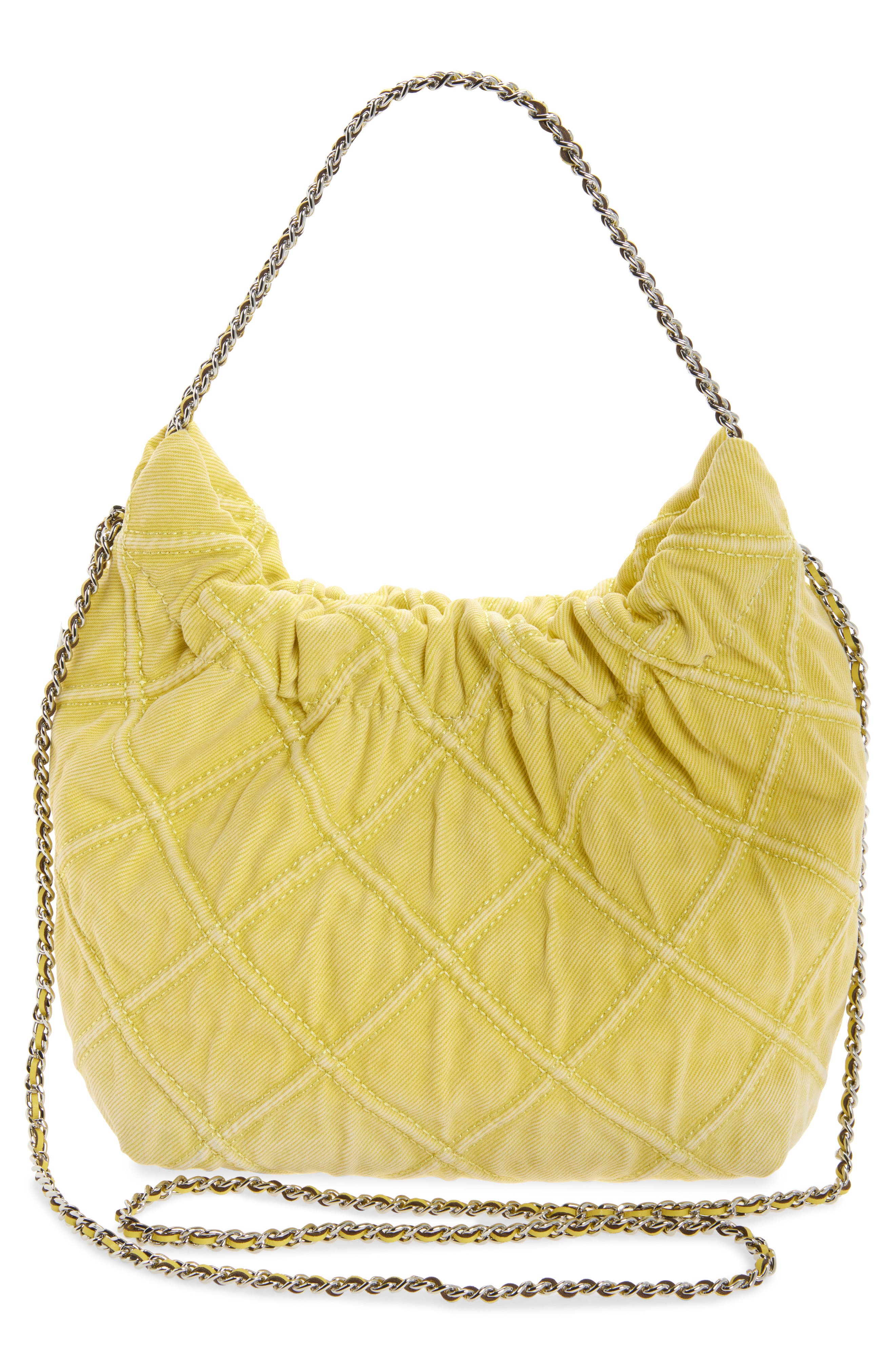 Tory Burch Mini Fleming Quilted Denim Hobo Bag, Alternate, color, Yellow