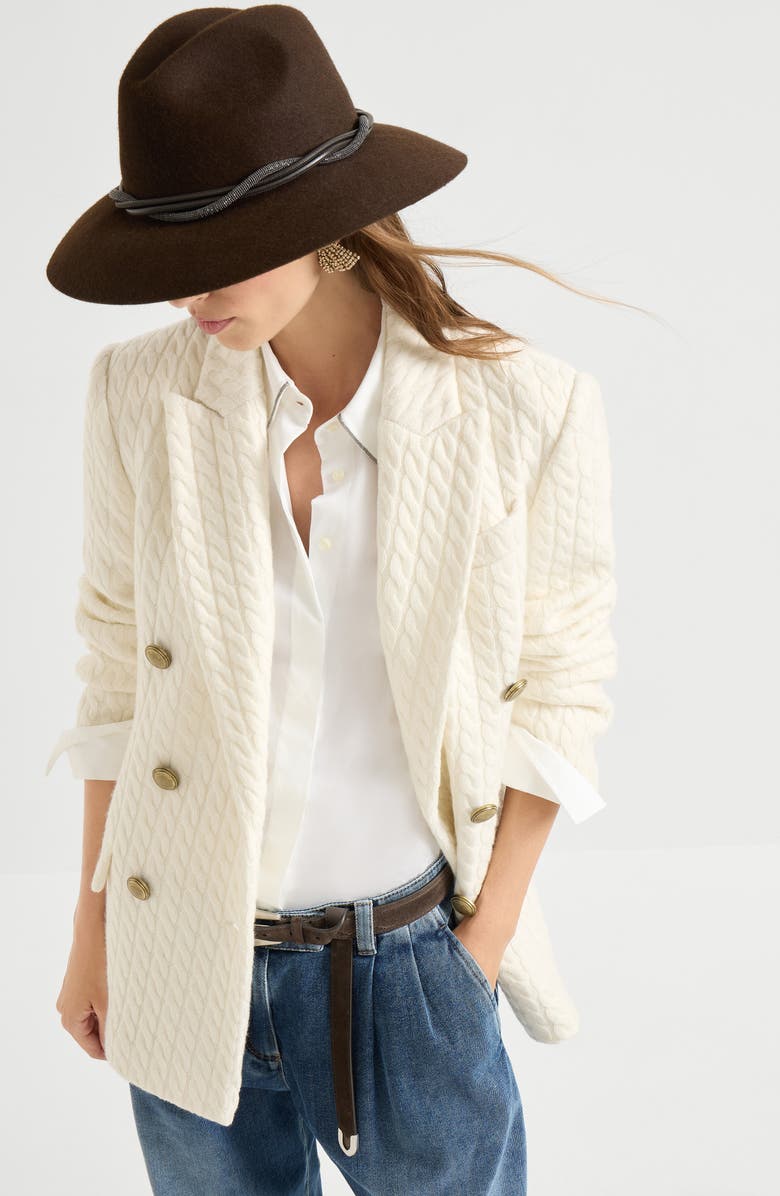 Brunello Cucinelli Cashmere cable knit blazer, Alternate, color, White