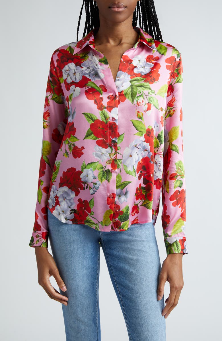 L'AGENCE Tyler Floral Silk Button-Up Shirt, Main, color, 