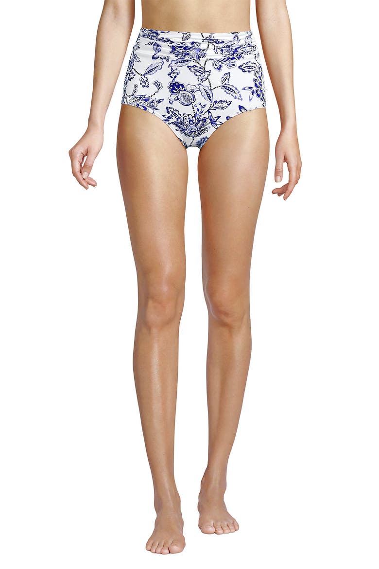 Chlorine Resistant Ruched Natural High Waisted Full Coverage Bikini Swim Bottoms, Main, color, White/Blue Vintage Floral