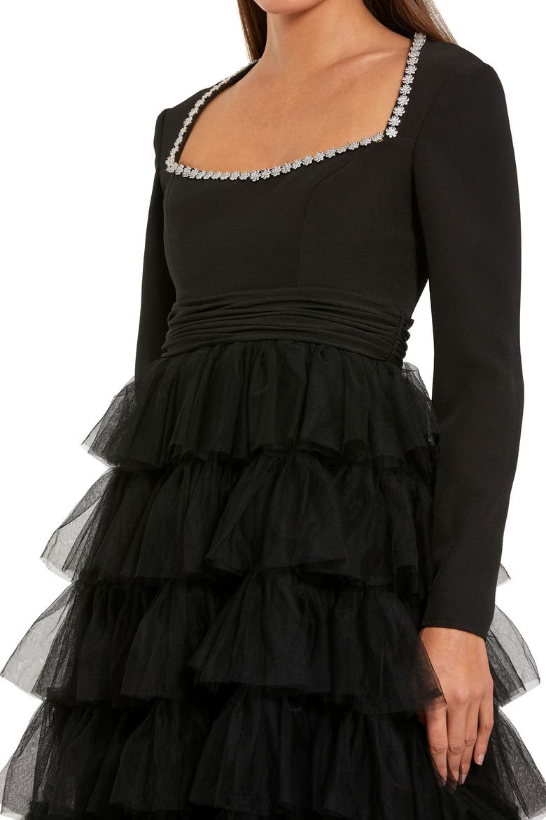 Crepe And Tulle Crystal Tiered Long Sleeve Ruffle Midi Dress, Alternate, color, Black