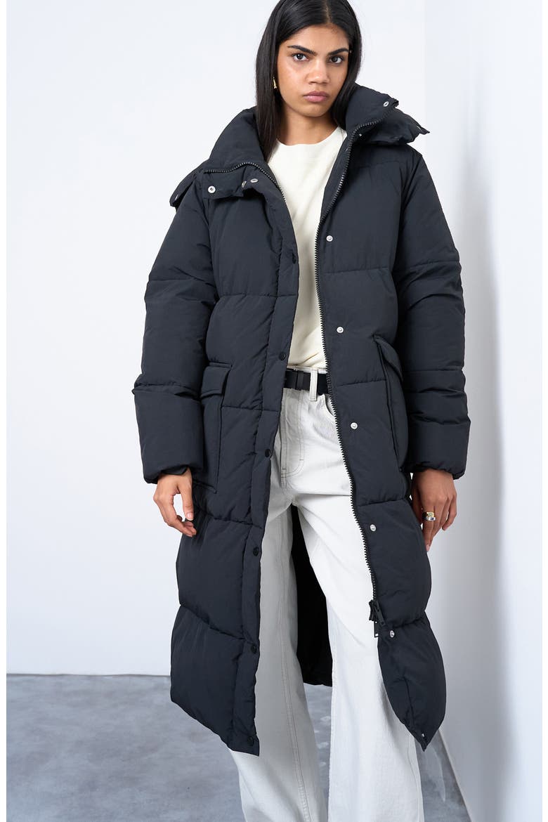 Longline Quilted Puffer Coat, Alternate, color, BLACK